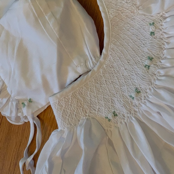 Infant White Rosette Dress and Bonnet - Picture 1 of 4